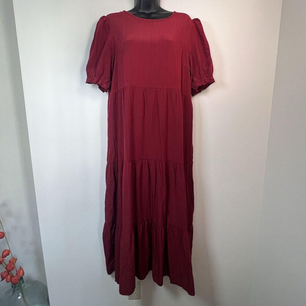PRETTYGARDEN Women's Ruffle Puff Sleeve High Waist Midi Beach Dress Wine Size L